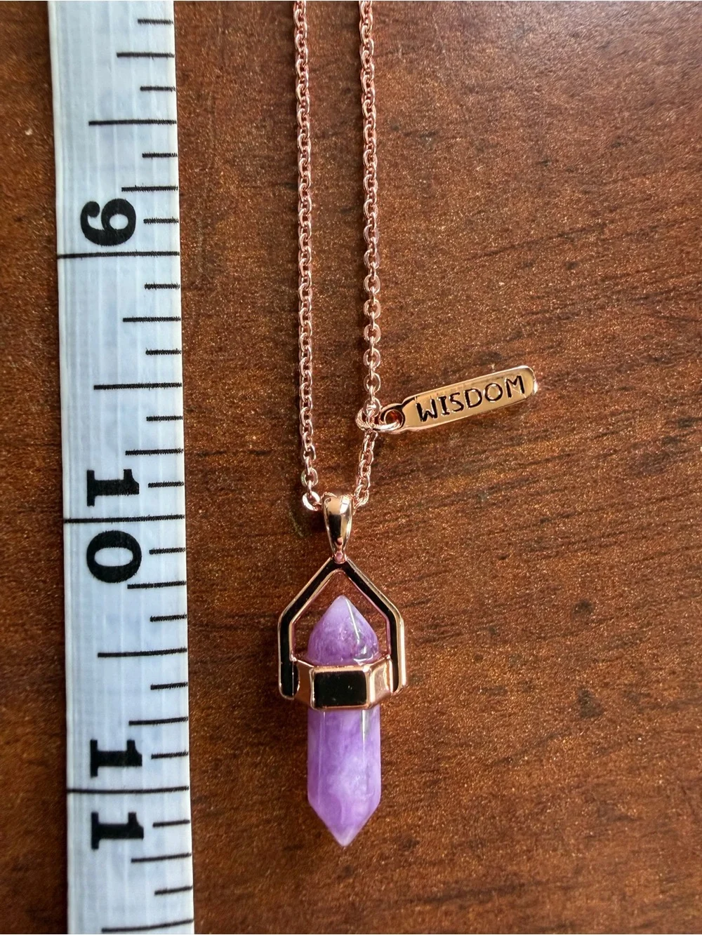 Rose Gold Pendant Necklace with Purple Crystal Point and Wisdom Tag
